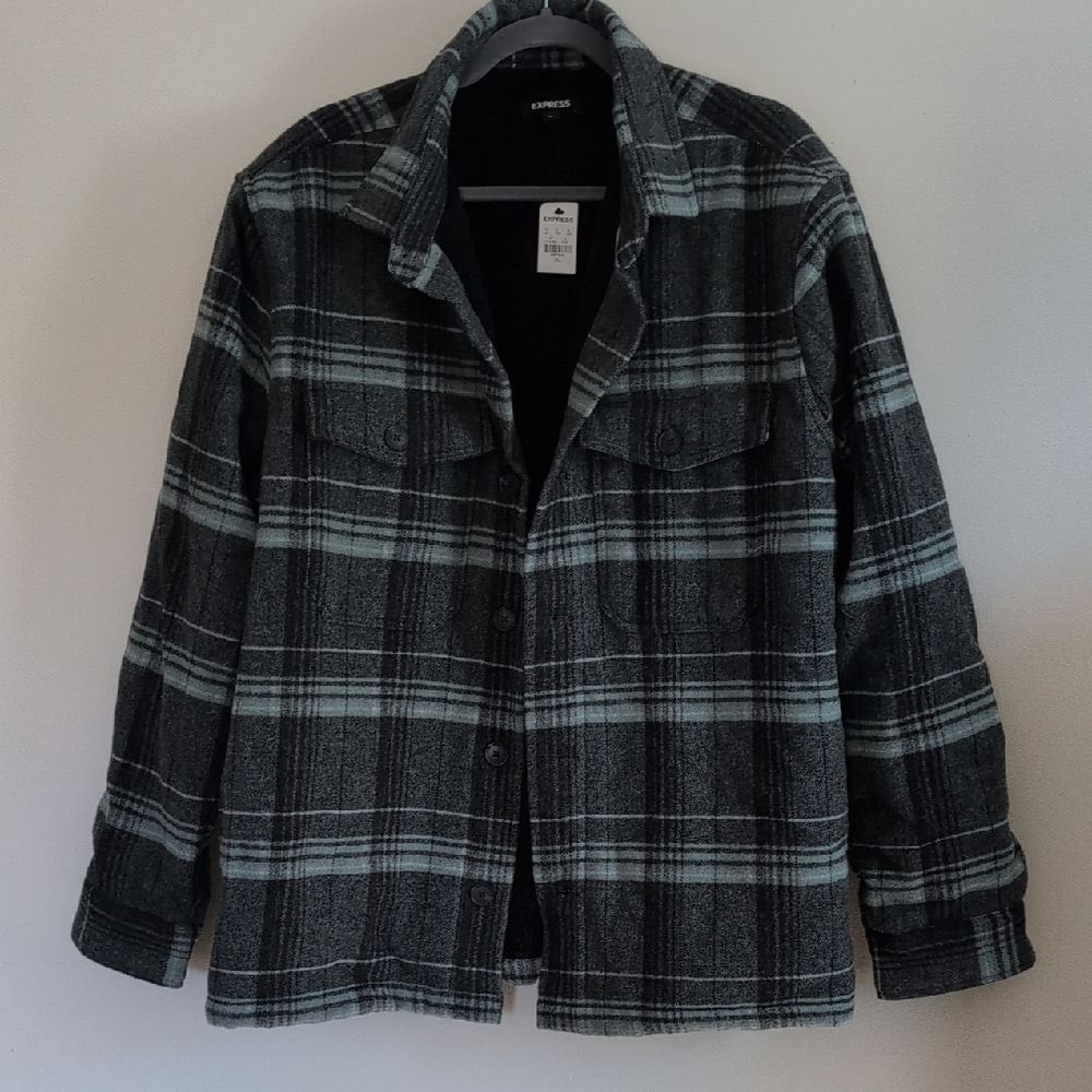 Express Men's Blue And Grey Plaid Jacket